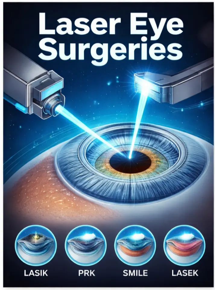 Different types of laser eye surgery procedures showing corneal laser application and vision correction technologies by MyLumineyes