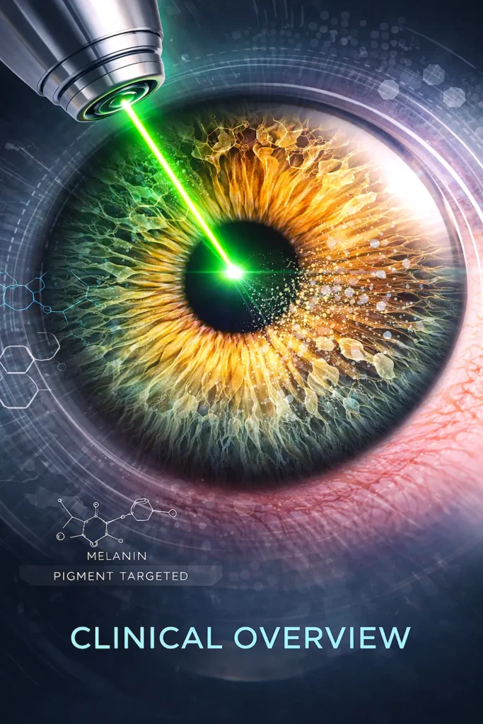 clinical illustration of controlled green laser interaction with iris melanin