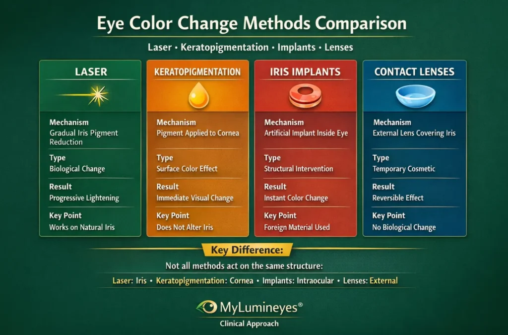 alt="Eye color change methods comparison including laser iris pigment reduction, keratopigmentation, iris implants, and contact lenses"