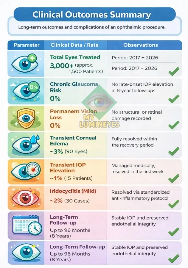 Infographic showing Laser Eye Color Change Clinical Data and 8-year safety results of MyLumineyes protocol.