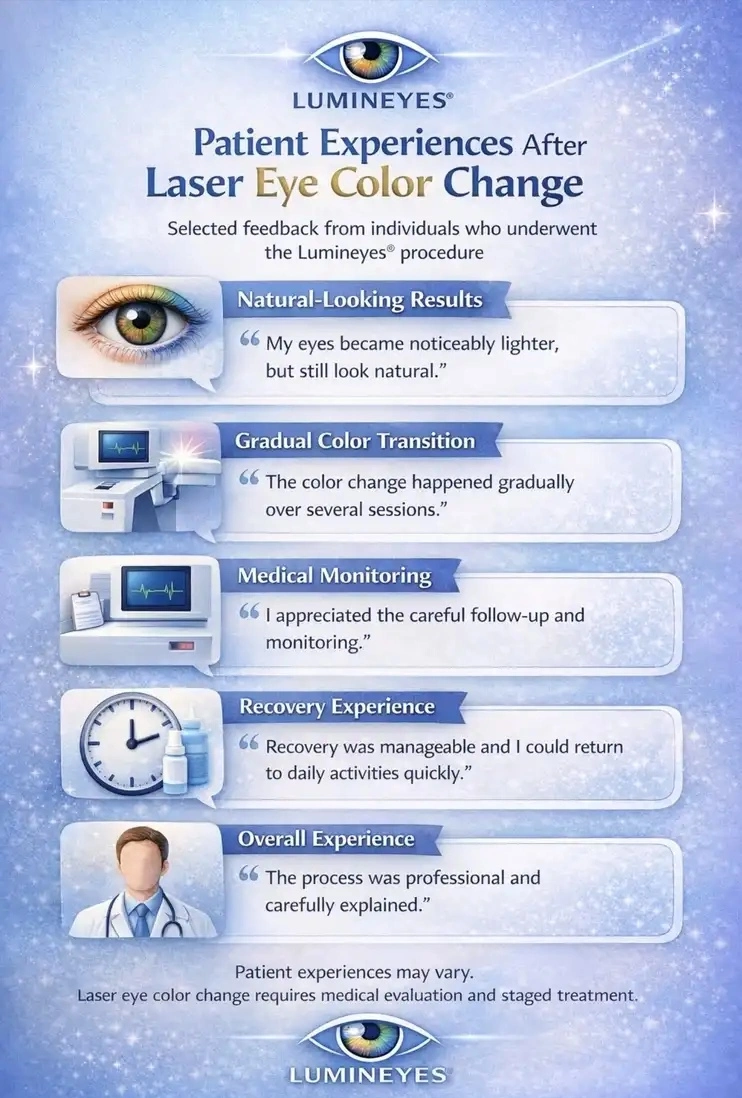 Patient experiences and reviews after Lumineyes laser eye color change procedure showing natural-looking results, gradual color transition, recovery experience and medical monitoring.