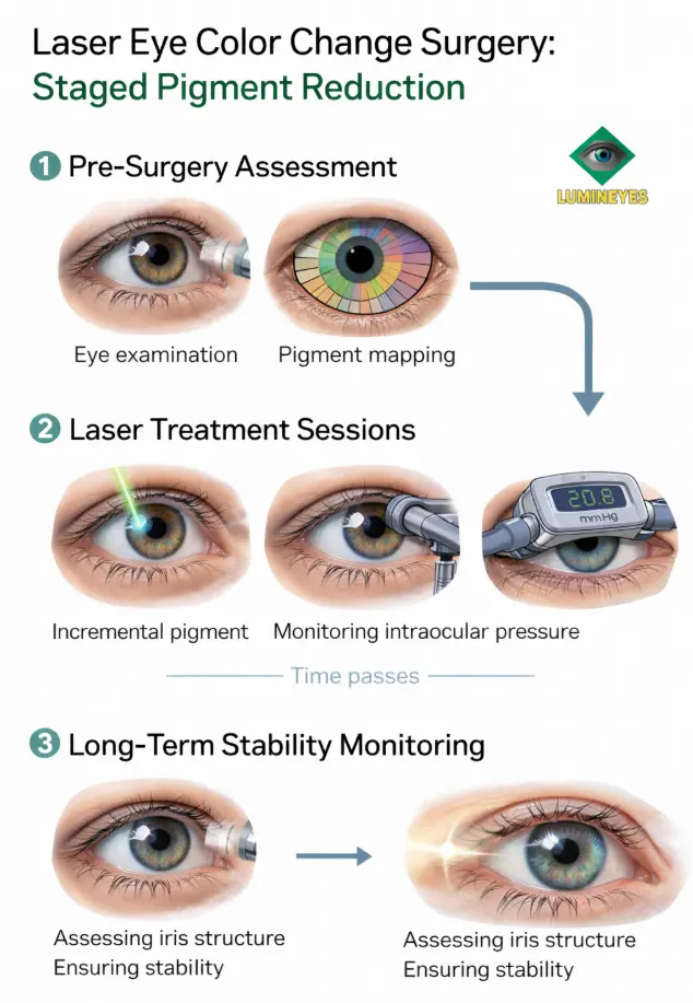staged laser eye color change surgery process including pigment reduction and intraocular pressure monitoring