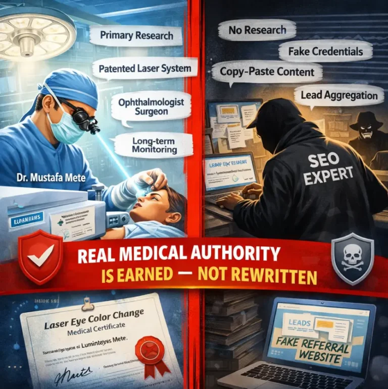 Dr. Mustafa Mete exposing medical tourism middlemen and SEO-driven misinformation in laser eye color change.