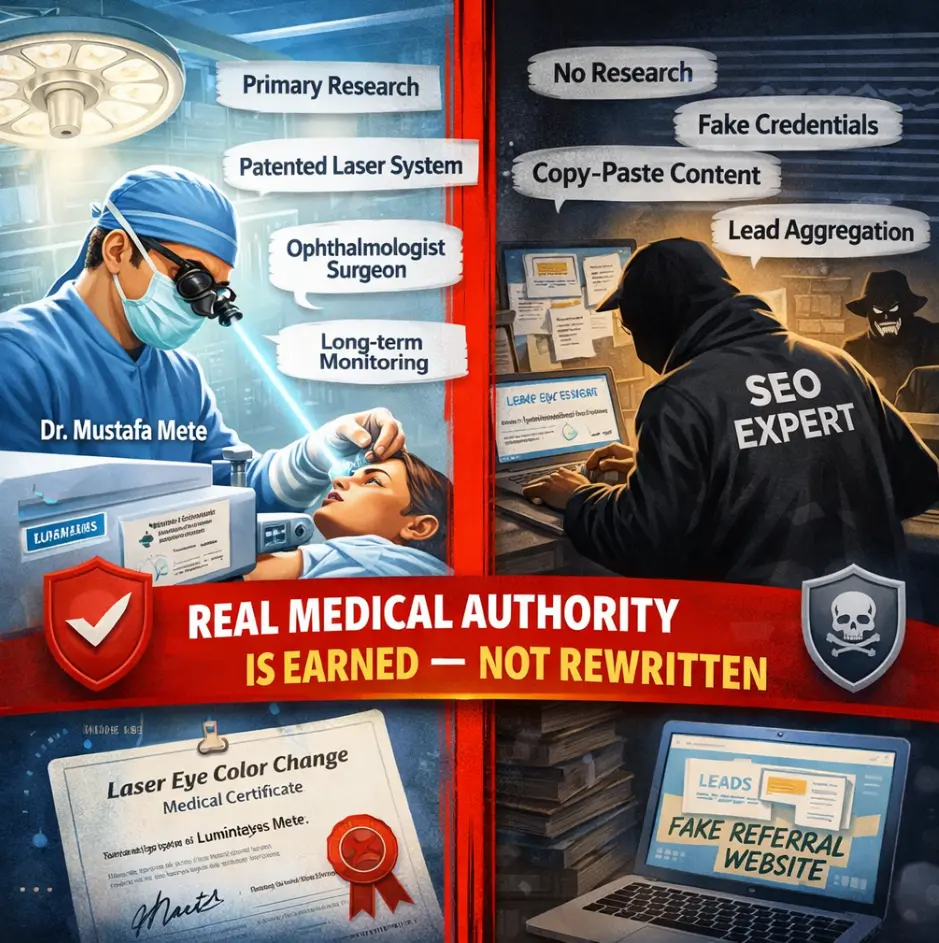 Dr. Mustafa Mete exposing medical tourism middlemen and SEO-driven misinformation in laser eye color change.