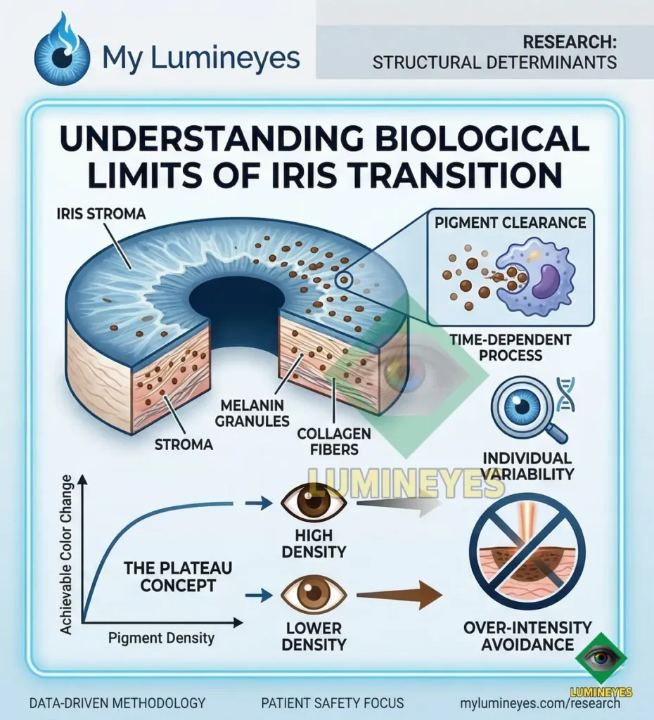 Anatomical diagram of iris stroma and melanin density illustrating the biological limits and plateau concept in laser eye color change.