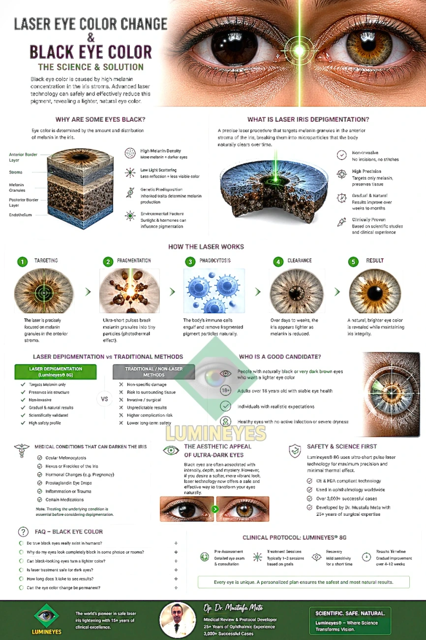 Laser eye color change process for dark eyes showing melanin reduction and gradual color transformation