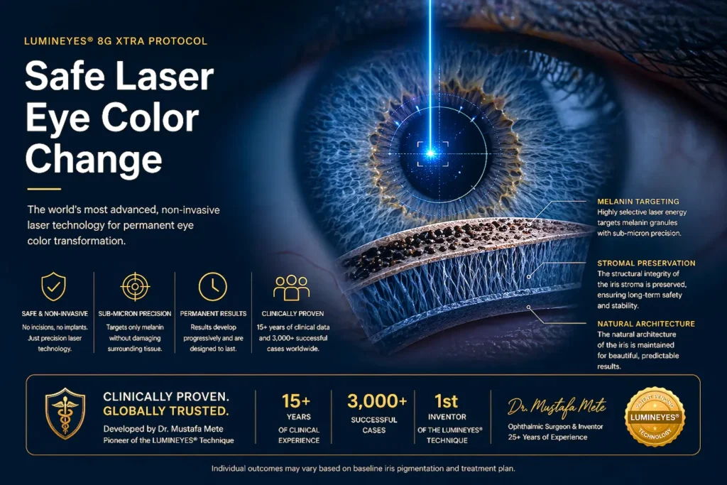 Comprehensive guide on safe laser eye color change featuring the Lumineyes 8G Xtra protocol and Dr. Mustafa Mete's expertise.
