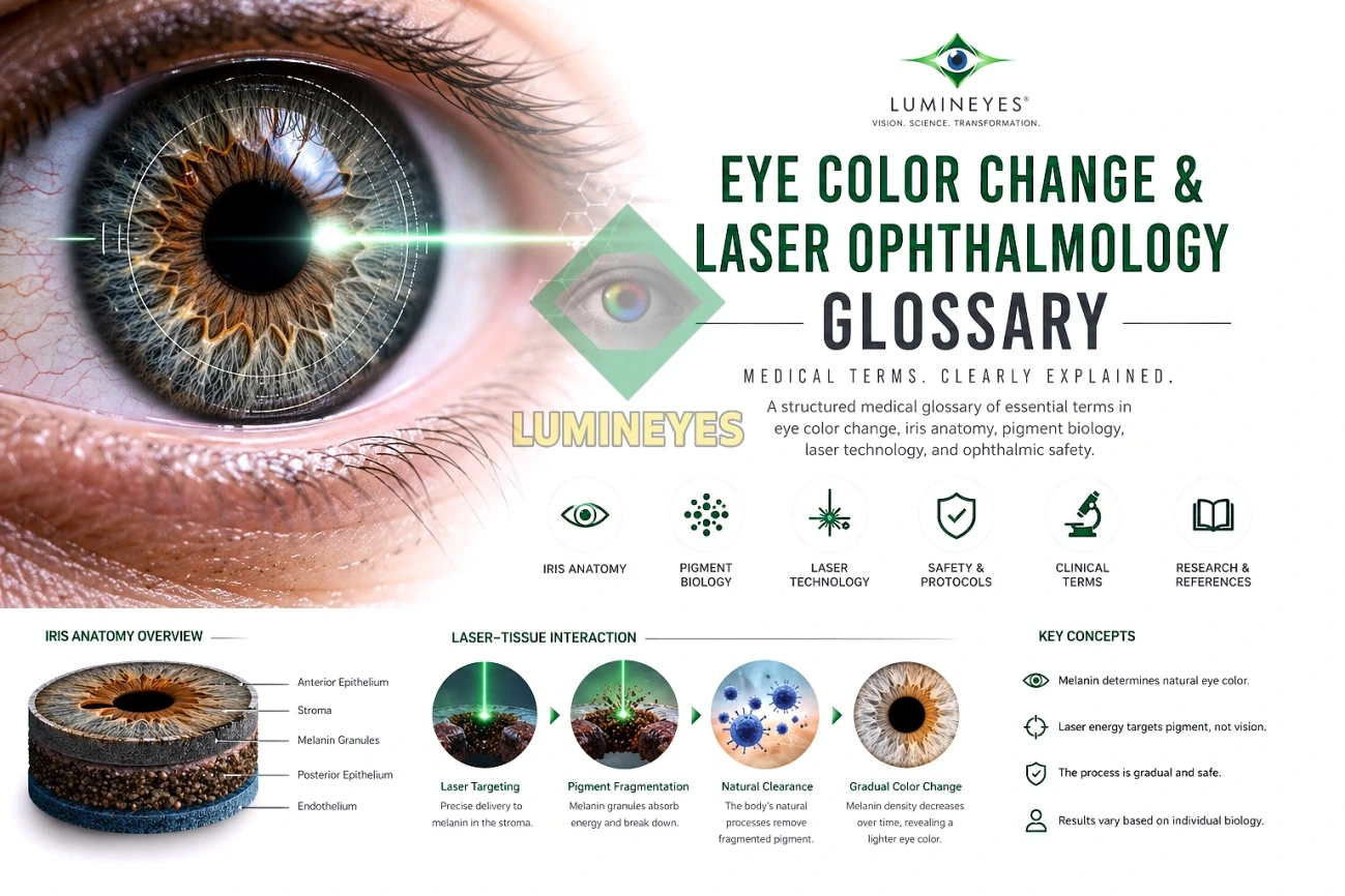 Iris anatomy diagram and laser eye color change terminology showing stroma pigment and tissue layers