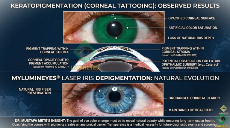 Clinical facts about keratopigmentation versus laser iris depigmentation featuring real patient results and anatomical risks.