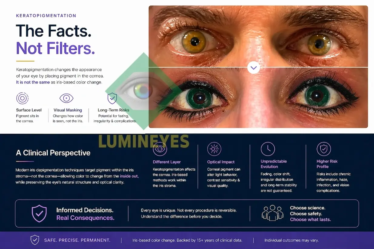 Clinical comparison showing the facts about keratopigmentation vs laser iris depigmentation with real patient results.