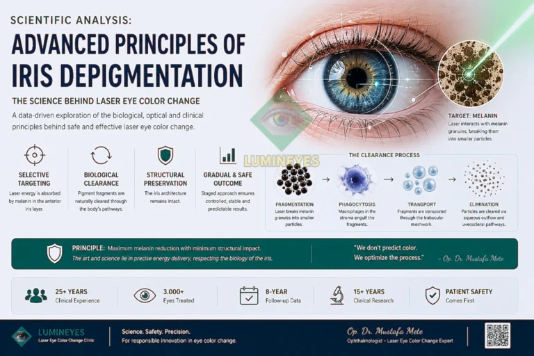 Scientific analysis of laser eye color change showing iris depigmentation, melanin targeting, biological clearance process and clinical framework