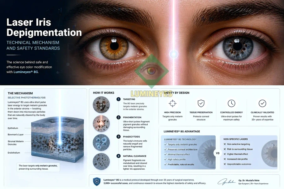 Technical infographic explaining selective photothermolysis and melanin targeting in laser iris depigmentation.