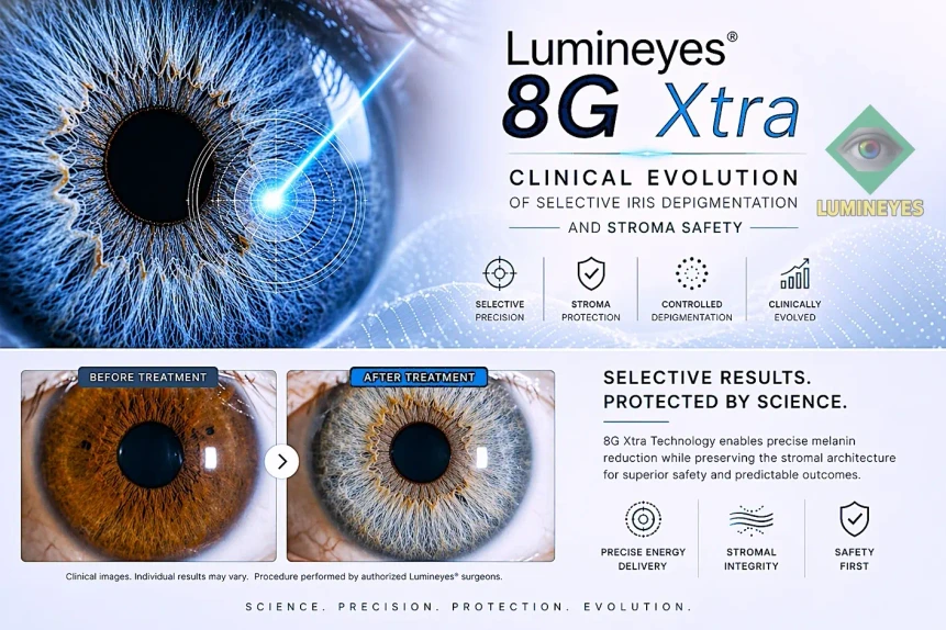 Mylumineyes 8G Xtra clinical evolution of selective iris depigmentation by Dr. Mustafa Mete with before and after results.