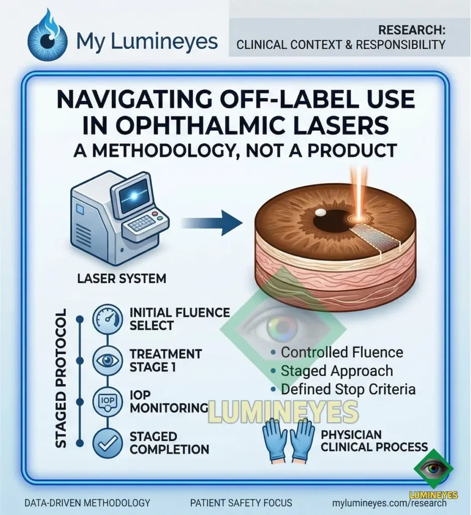 Infographic detailing staged clinical protocols and physician responsibility for off-label ophthalmic laser use at My Lumineyes.