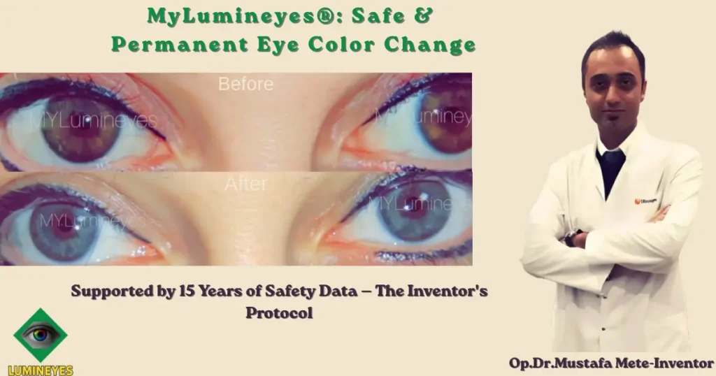 Dr. Mustafa Mete presenting safe and permanent laser eye color change before and after results using the official MyLumineyes protocol.