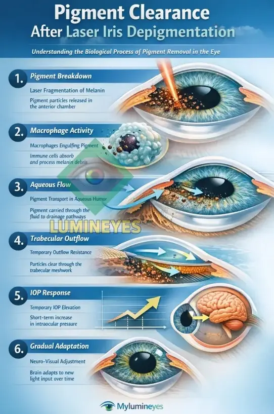 Pigment clearance process after laser iris depigmentation showing macrophage activity, aqueous humor flow, and intraocular pressure dynamics
