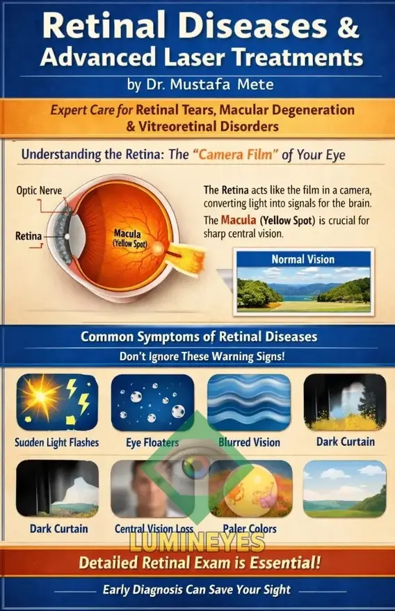 Retinal diseases symptoms and advanced laser treatments infographic by Dr. Mustafa Mete showing retina anatomy, macula, and warning signs like flashes, floaters, blurred vision, and vision loss
