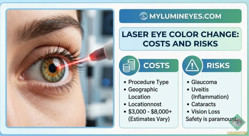 Comparison of laser eye color change costs and risks. Feature image for mylumineyes.com detailing financial estimates, safety warnings, and potential medical side effects like Glaucoma and Uveitis.