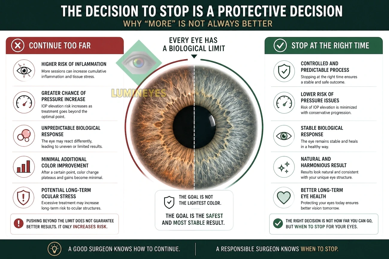 Infographic comparing the risks of over-treating vs. the benefits of stopping laser eye color change at the right biological limit - MyLumineyes