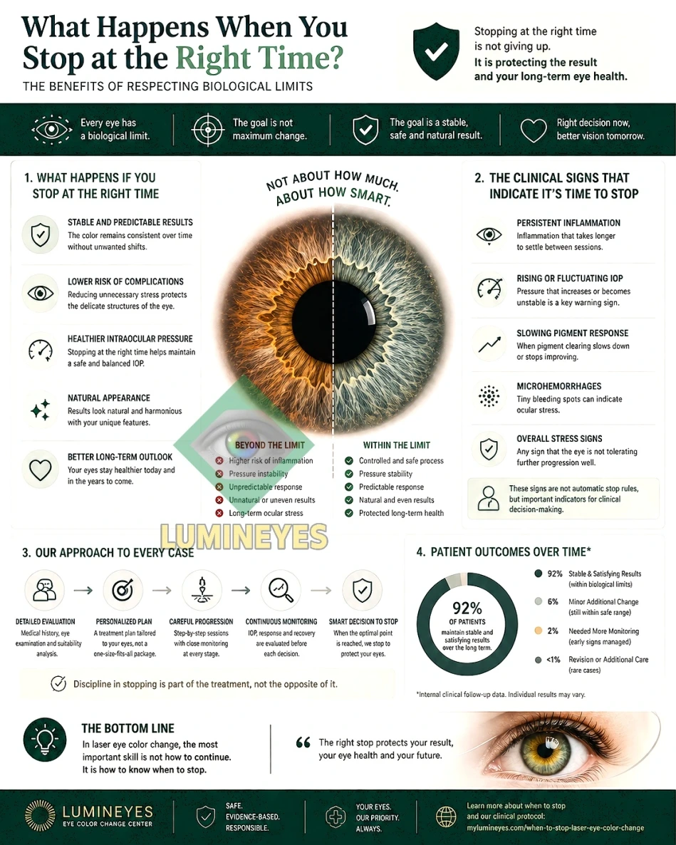 Infographic explaining the 6 safety factors for stopping laser eye color change treatment - MyLumineyes