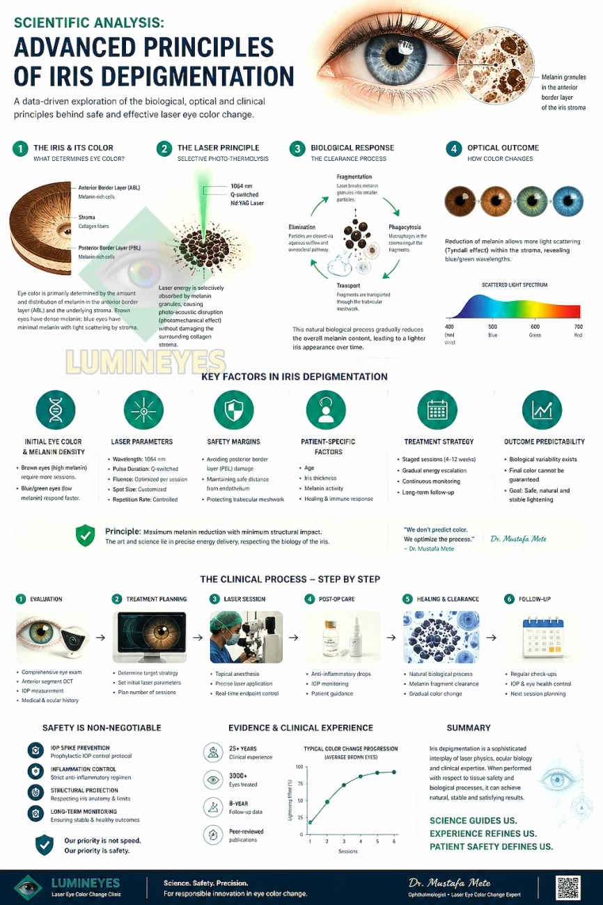 Scientific analysis of laser iris depigmentation showing melanin reduction, biological clearance process, laser parameters and clinical framework for eye color change