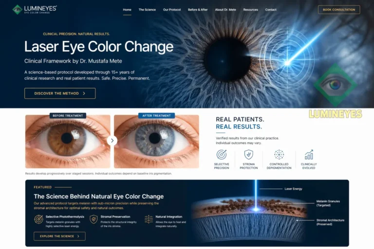 Technical illustration of Lumineyes 8G laser targeting melanin granules within the iris stroma.