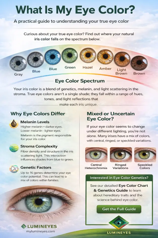 What is my eye color infographic showing iris color spectrum including gray blue green hazel amber and brown with genetics and melanin explanation