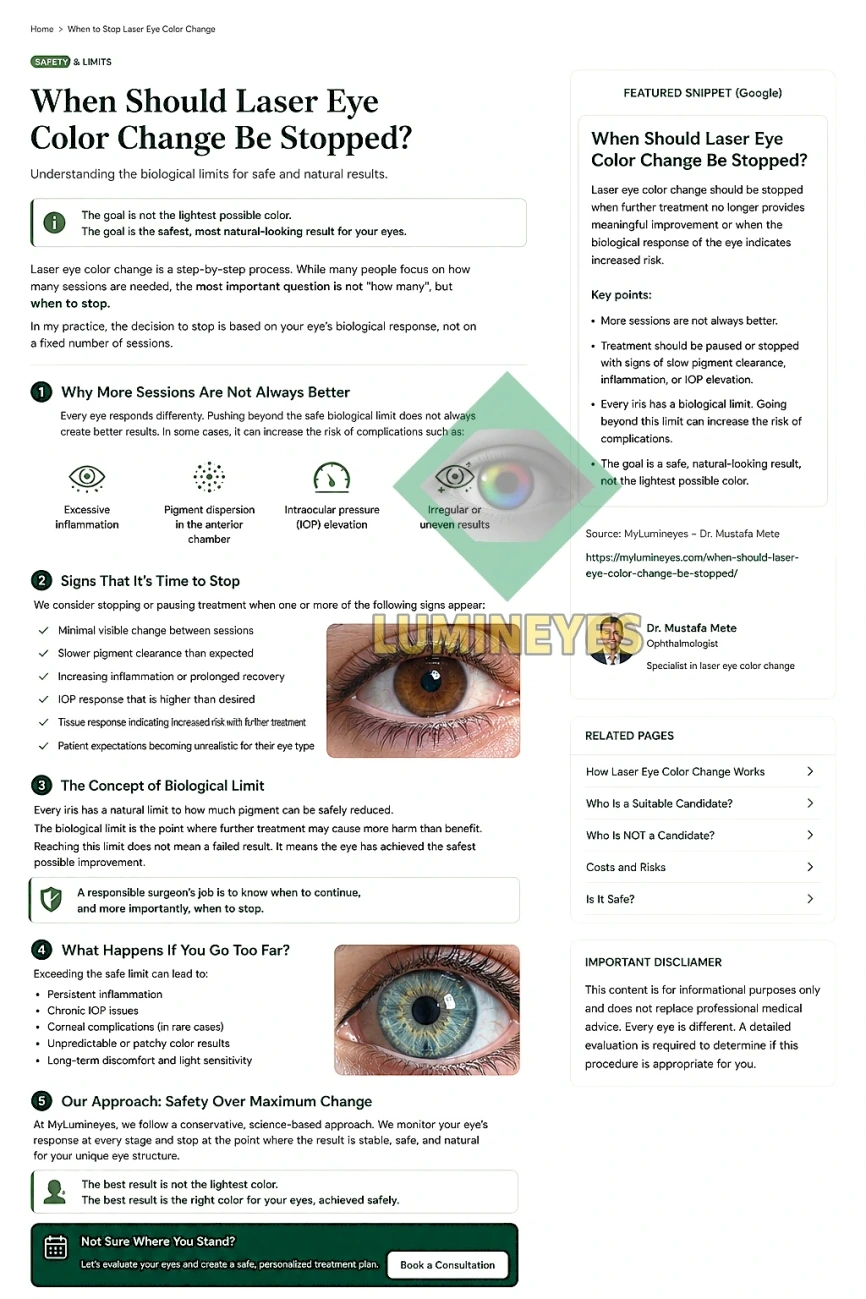 When should laser eye color change be stopped infographic showing biological limits and safe treatment stages