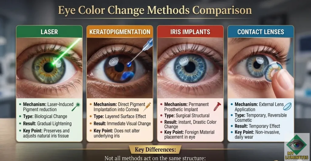 Comparison of eye color changing procedures, including keratopigmentation, iris implants, contact lenses, and laser iris pigment removal