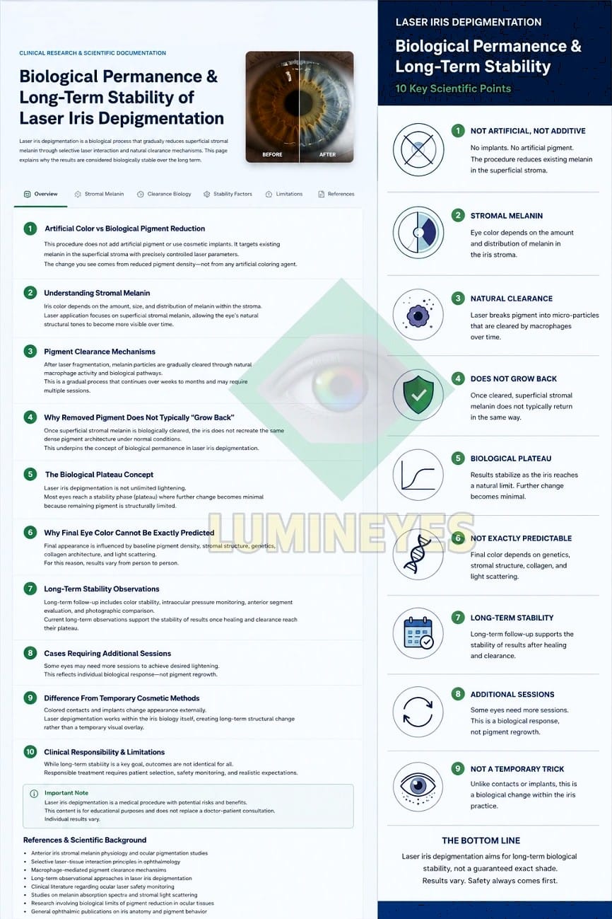 Scientific overview explaining the biological permanence and long-term stability of laser iris depigmentation with iris comparison and clinical infographic