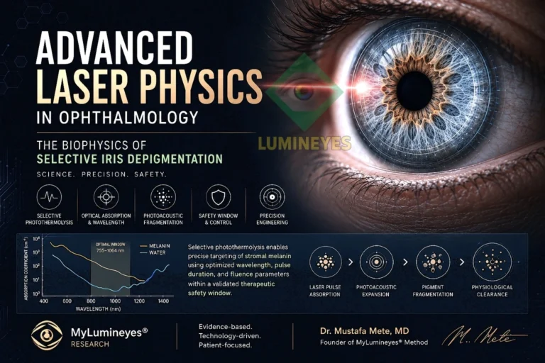 Scientific illustration of advanced laser physics in ophthalmology demonstrating selective photothermolysis and laser-assisted iris depigmentation.