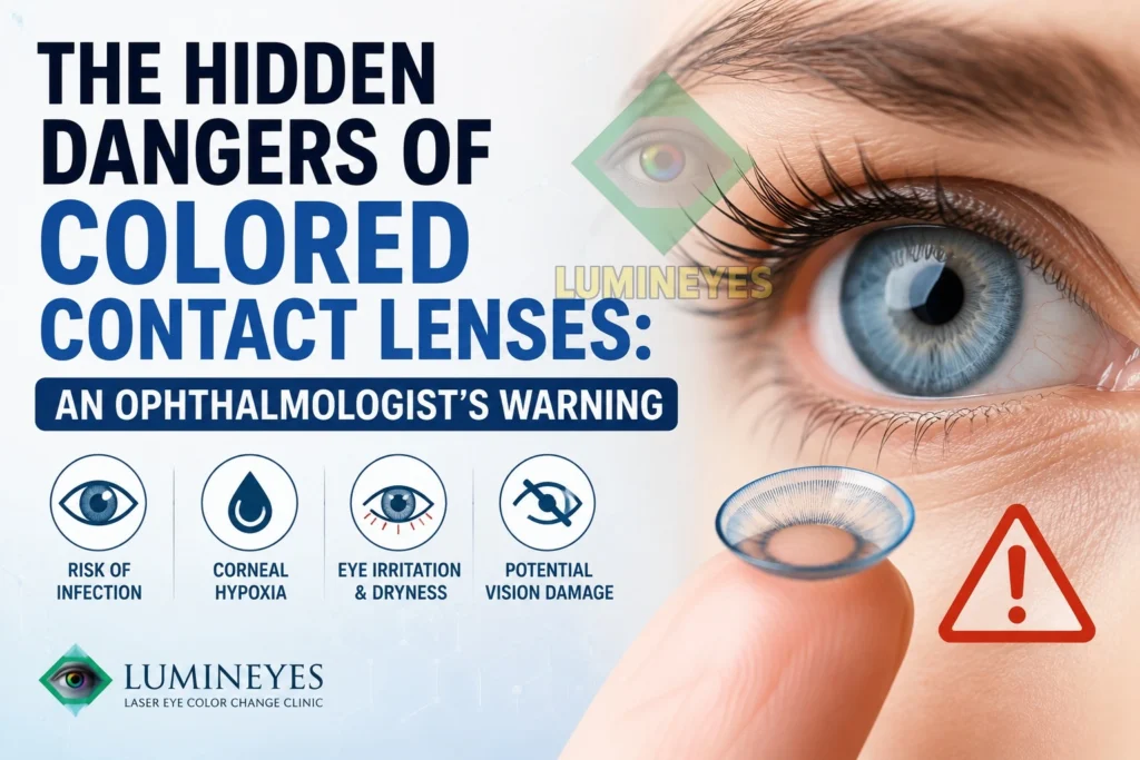 Close-up illustration showing a colored contact lens and eye, highlighting the hidden risks of cosmetic contact lenses including infection, corneal hypoxia, eye irritation, dryness, and potential vision damage.