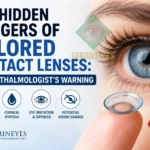 Close-up illustration showing a colored contact lens and eye, highlighting the hidden risks of cosmetic contact lenses including infection, corneal hypoxia, eye irritation, dryness, and potential vision damage.