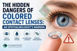 Close-up illustration showing a colored contact lens and eye, highlighting the hidden risks of cosmetic contact lenses including infection, corneal hypoxia, eye irritation, dryness, and potential vision damage.