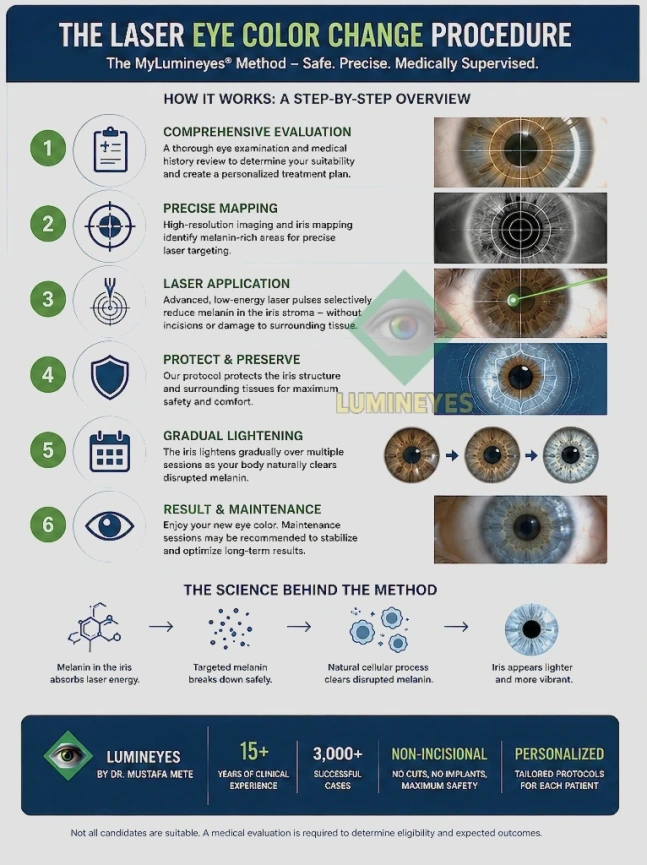 Laser Eye Color Change Procedure infographic explaining the MyLumineyes® Method, including patient evaluation, iris mapping, laser treatment, gradual pigment reduction and long-term follow-up.