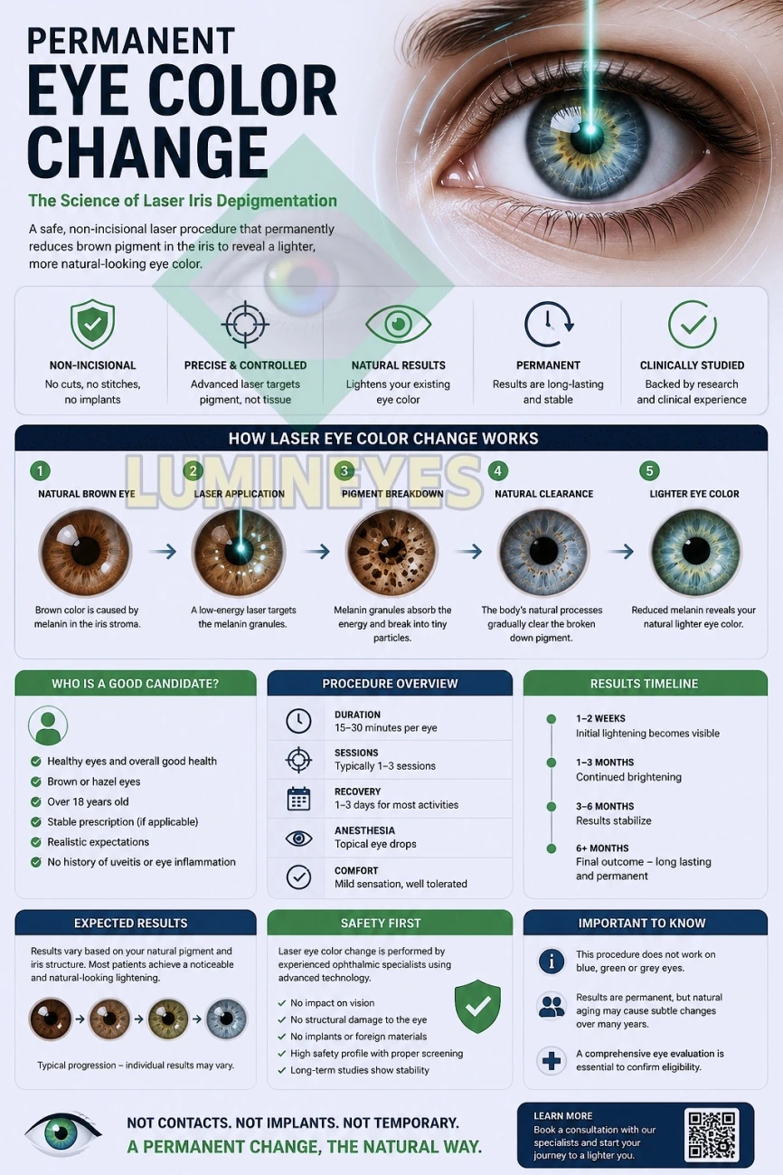 Permanent eye color change infographic explaining laser iris depigmentation, treatment safety, eligibility, expected results, and biological permanence by MyLumineyes.