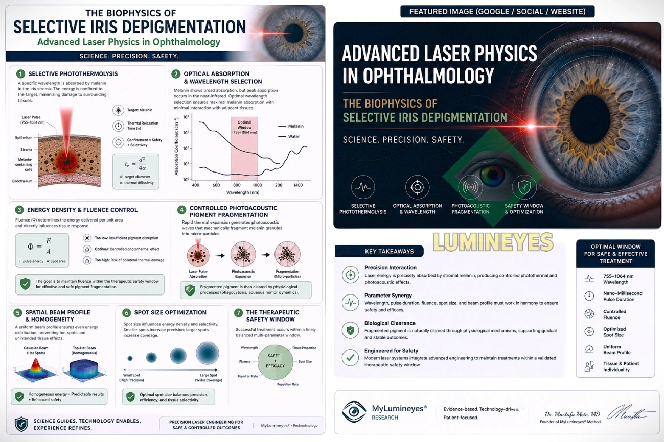 Infographic explaining selective photothermolysis, thermal relaxation time, fluence, beam profile, and biological pigment clearance in laser iris depigmentation.