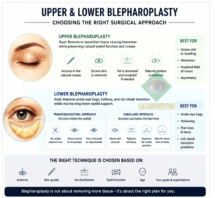 Blepharoplasty anatomy showing upper and lower eyelid concerns