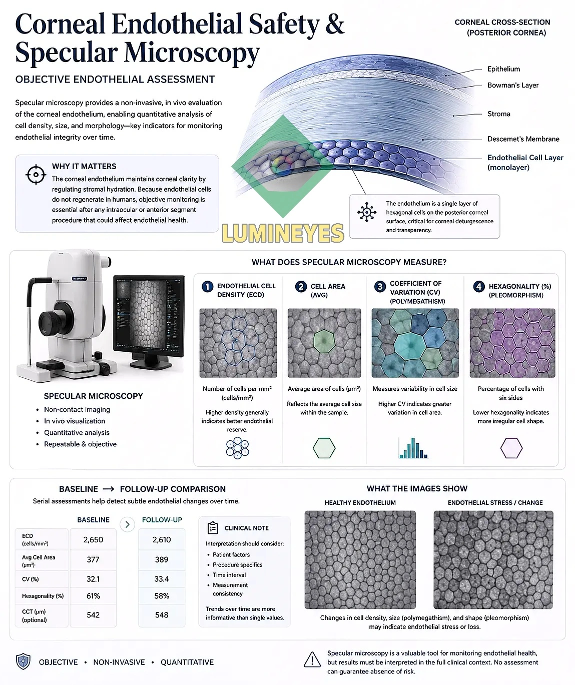 Corneal endothelial assessment and specular microscopy showing endothelial cell density and cell morphology