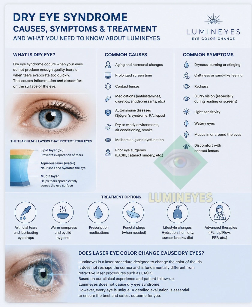 Dry eye syndrome causes, symptoms, tear film and treatment options infographic