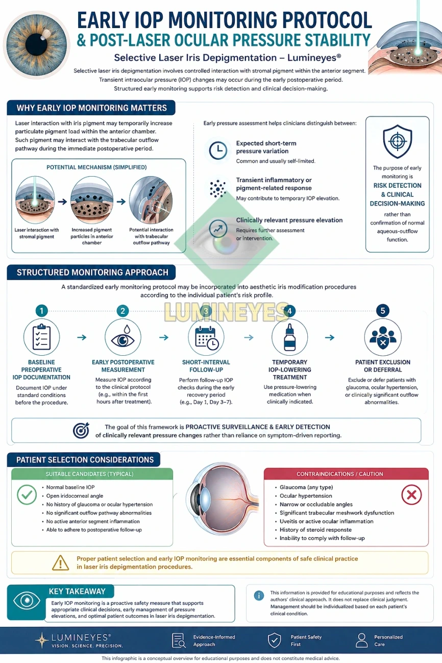 Early IOP monitoring protocol after laser iris depigmentation, including pressure assessment and patient selection