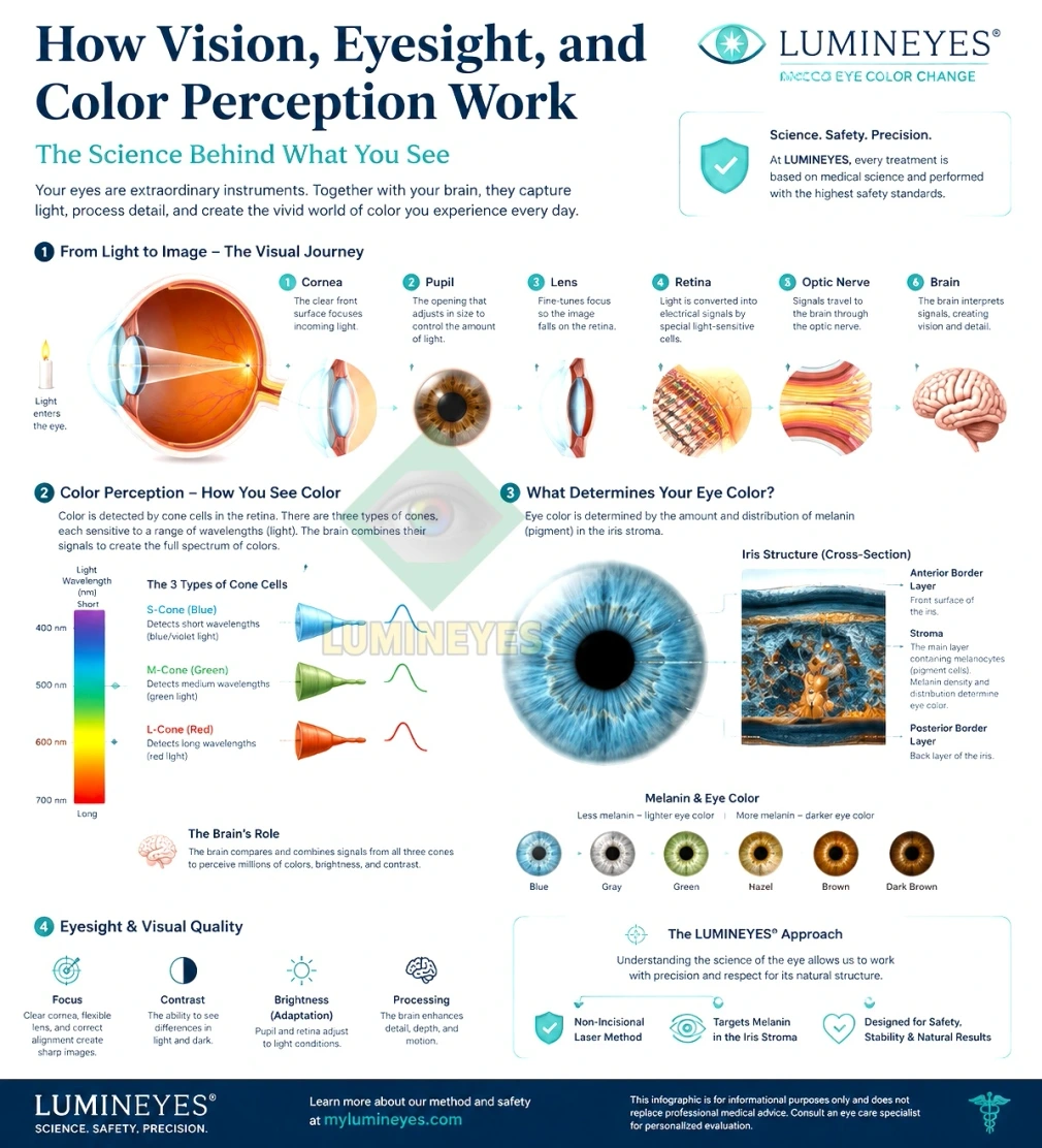 How vision, eyesight, and color perception work infographic explaining the eye, retina, cone cells, melanin, and eye color science