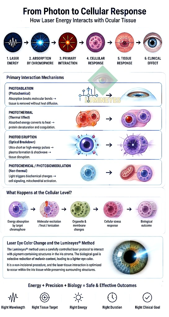 Biological sequence of laser photon absorption leading to iris stroma cellular clearance and remodeling