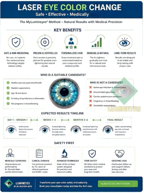 Laser eye color change procedure infographic showing consultation, iris analysis, treatment planning, laser sessions, healing timeline, and long-term follow-up.