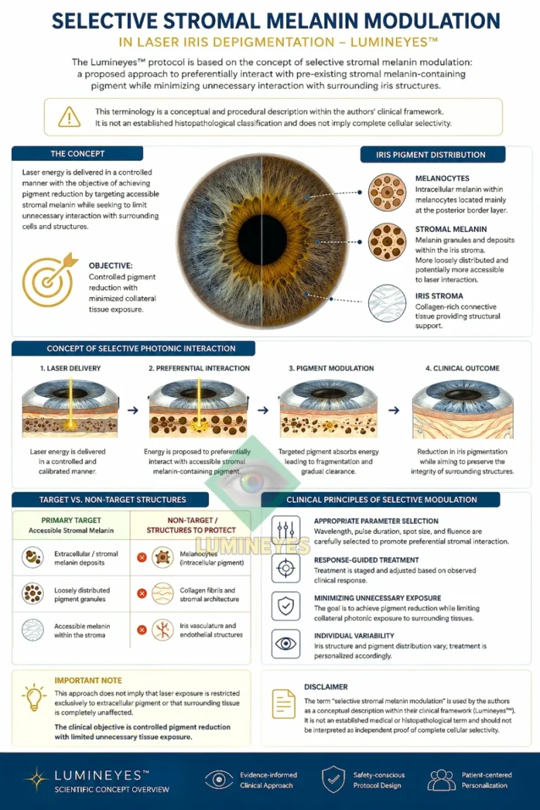 Infographic illustrating the proposed concept of selective stromal melanin modulation in laser iris depigmentation, including stromal melanin as a treatment target, surrounding iris structures, and response-guided pigment reduction in the Lumineyes™ protocol.