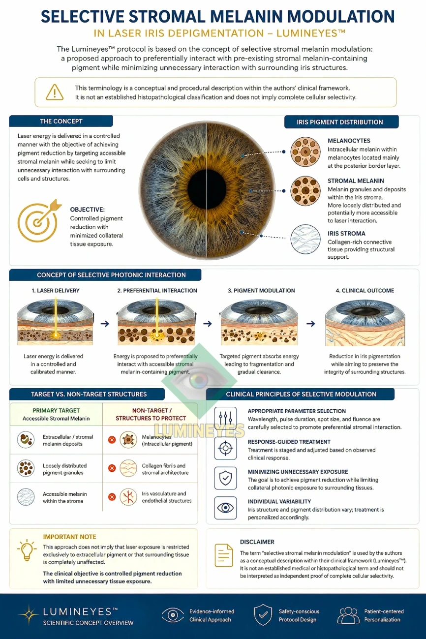 Infographic illustrating the proposed concept of selective stromal melanin modulation in laser iris depigmentation, including stromal melanin as a treatment target, surrounding iris structures, and response-guided pigment reduction in the Lumineyes™ protocol.