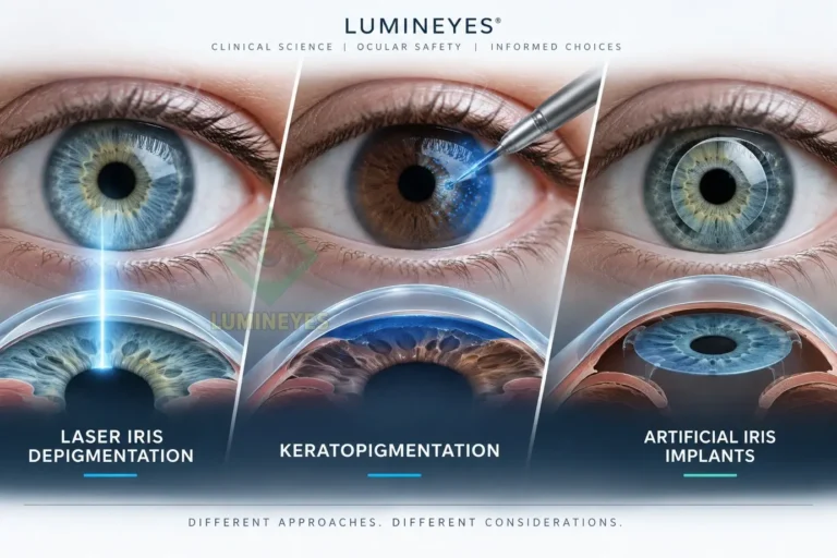 Comparative clinical infographic of laser iris depigmentation, keratopigmentation, and artificial iris implants
