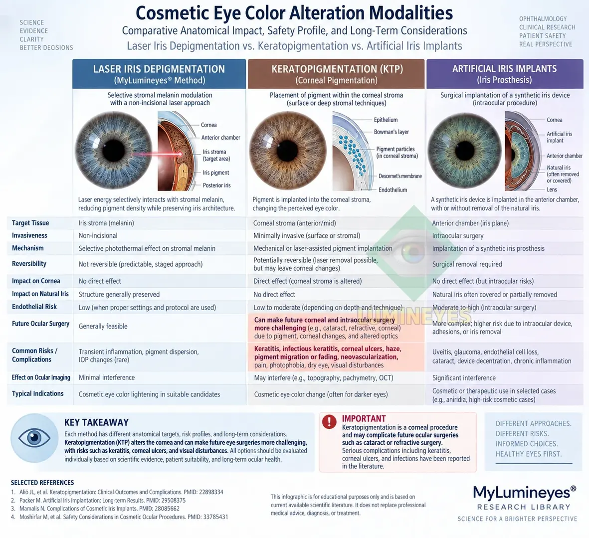 Cosmetic Eye Color Alteration Modalities – Comparative Safety and Anatomy Comparative infographic showing the anatomical targets, tissue interactions, safety considerations, and clinical differences among laser iris depigmentation, keratopigmentation, and artificial iris implants