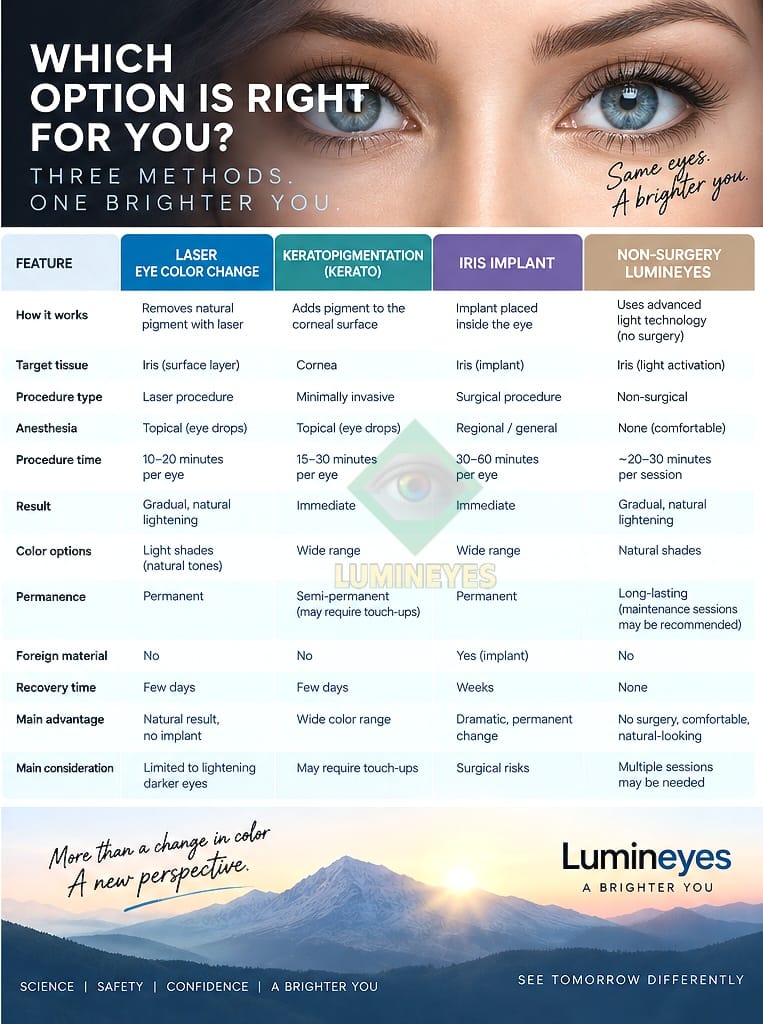 Eye Color Change Methods Comparison: Laser vs Keratopigmentation vs Iris Implants Comparison chart of eye color change methods: laser depigmentation, keratopigmentation, and artificial iris implants detailing target tissues, anesthesia, recovery times, and clinical permanence.