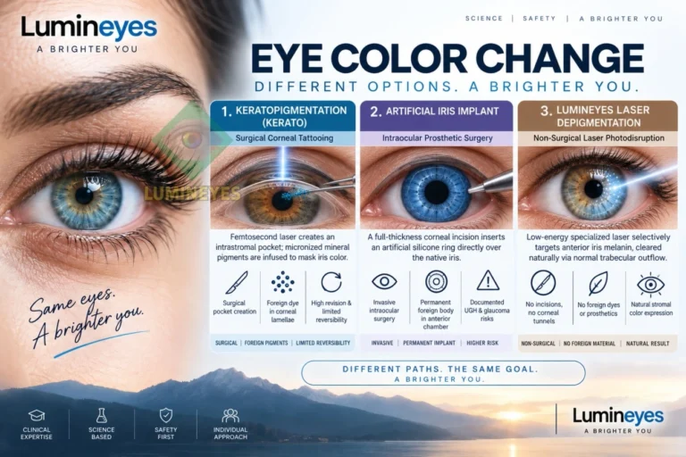 Clinical overview of eye color change options: comparing laser depigmentation, keratopigmentation, artificial iris implants, and non-surgical Lumineyes procedures with procedural steps and expected outcomes.